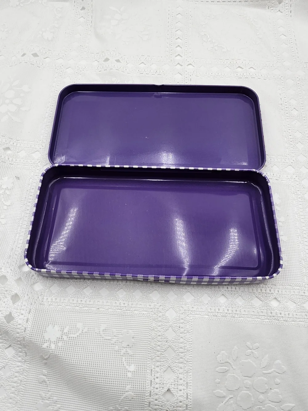 1993 Vintage Sanrio Hello Kitty  Tin Pencil Case Purple Gingham Flower